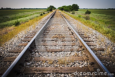 Railway, Railroad, Train Tracks, With Green Pasture Early Morning Stock Photo