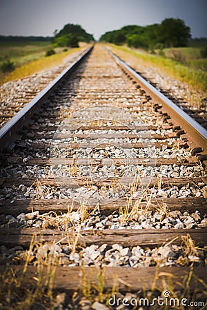 Railway, Railroad, Train Tracks, Green Pasture, Selective Focus Stock Photo