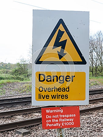 A Railway Safety Sign Saying Danger Overhead Live Wire Warning D Stock Photo