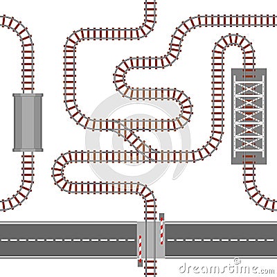 Railway seamless pattern, rail or railroad top view. Train transportation track made of steel and wood, rail wavy or Vector Illustration