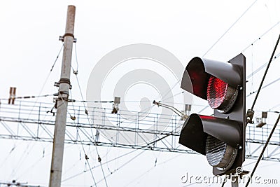 Railway semaphore shines red Stock Photo