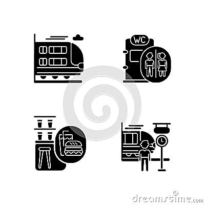 Railway services black glyph icons set on white space Vector Illustration