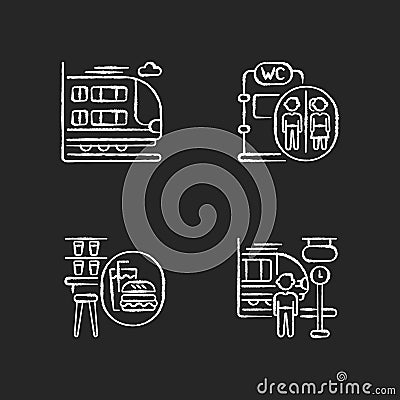 Railway services chalk white icons set on black background Vector Illustration