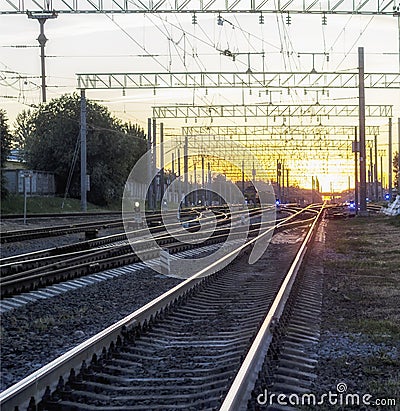 Railway, several paths, sunset Stock Photo