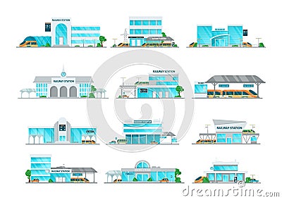 Railway station building cartoon set vector illustration Vector Illustration