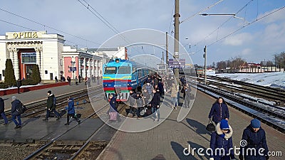 Railway station with diesel train Editorial Stock Photo