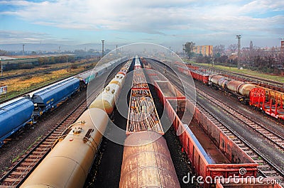 Railway station freight trains, Cargo transport Stock Photo