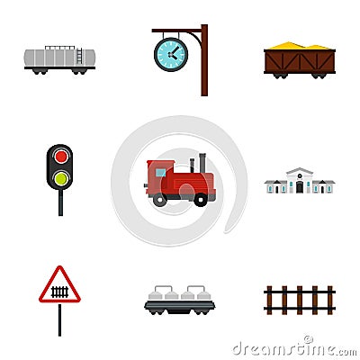 Railway station icons set, flat style Vector Illustration