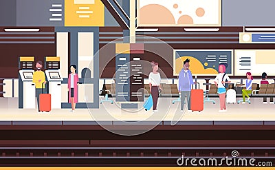 Railway Station Interior With People Passengers Waiting For Train Holding Bags Transport And Transportation Concept Vector Illustration