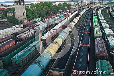 Railway Station with lots of Lines and Freight Trains Stock Photo