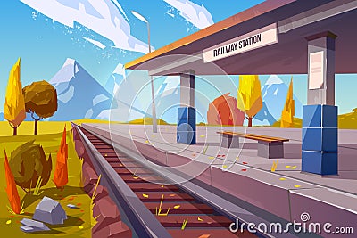 Railway station at mountains autumn landscape Vector Illustration