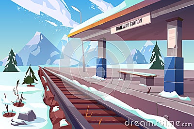 Railway station mountains winter snowy landscape Vector Illustration