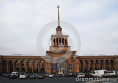 Railway station with parking place in Yerevan Editorial Stock Photo