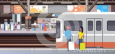 Railway Station With People Passengers Going Off Train Holding Bags Transport And Transportation Concept Vector Illustration