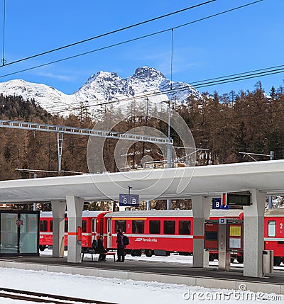 Railway station in St. Moritz, Switzerland Editorial Stock Photo