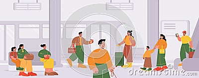 Railway station with train and people on platform Vector Illustration