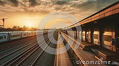 Railway station with train under sunset, Generative AI Stock Photo