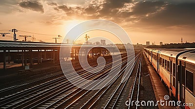 Railway station with train under sunset, Generative AI Stock Photo