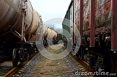 Railway tanks, transportation of oil, gasoline, oil or gas by rail. Stock Photo