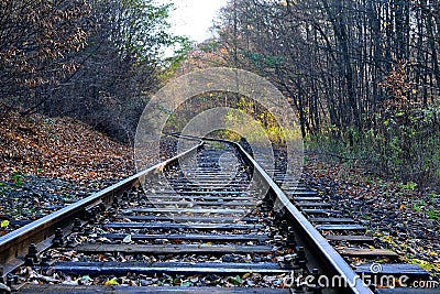 Railway track in the autumn forest on a sunny autumn day, North Moravia, Czech Republic Stock Photo