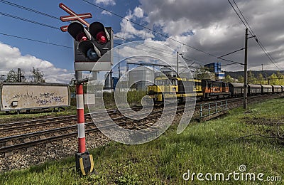 Railway track near Kostov station in spring nice sunny day Editorial Stock Photo