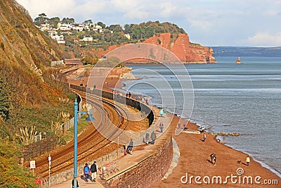 Railway track by Teignmouth Beach, Devon Editorial Stock Photo