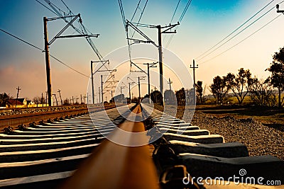 Railway track railroad train transport Stock Photo