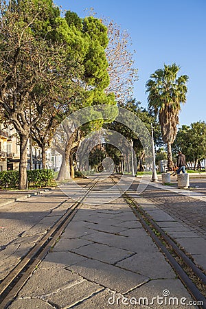 Railway tracks along Lungomare Trieste which were once used to transport goods with a special train to the railway station Editorial Stock Photo