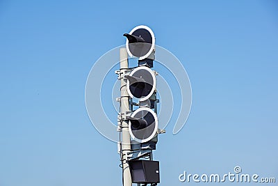 Railway traffic lights show a stop signal . Stock Photo