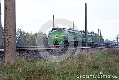 Railway with train in Riga, Latvia. Freight train. 2017 Editorial Stock Photo