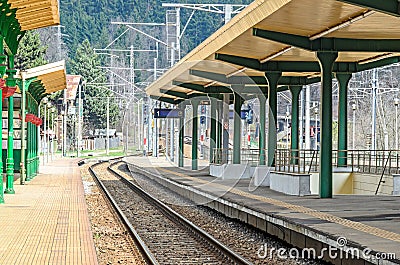 Railway in the train station, outdoor signs close up Stock Photo