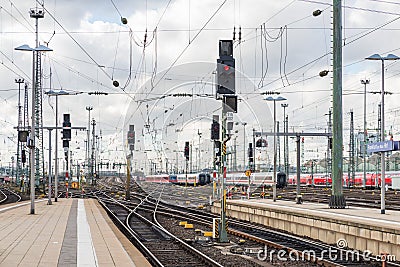 The railway of train with traffic light of Frankfurt Main Station Editorial Stock Photo