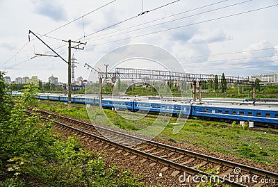 Railway trains in springtime, Kiev, Ukraine Stock Photo