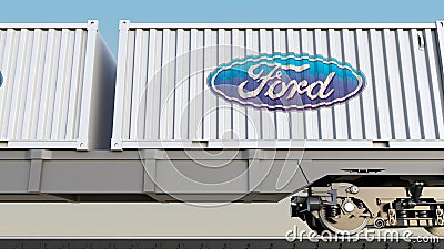 Railway transportation of containers with Ford Motor Company logo. Editorial 3D rendering Editorial Stock Photo