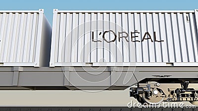 Railway transportation of containers with L`Oreal logo. Editorial 3D rendering Editorial Stock Photo