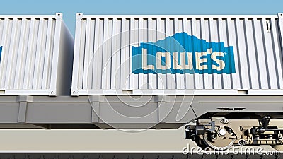 Railway transportation of containers with Lowe`s logo. Editorial 3D rendering Editorial Stock Photo