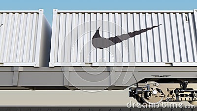Railway transportation of containers with Nike inscription and logo. Editorial 3D rendering Editorial Stock Photo