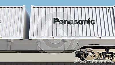 Railway transportation of containers with Panasonic Corporation logo. Editorial 3D rendering Editorial Stock Photo