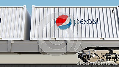 Railway transportation of containers with Pepsi logo. Editorial 3D rendering Editorial Stock Photo