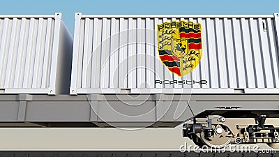 Railway transportation of containers with Porsche logo. Editorial 3D rendering Editorial Stock Photo