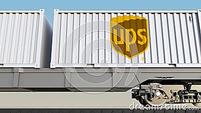 Railway transportation of containers with United Parcel Service UPS logo. Editorial 3D rendering Editorial Stock Photo