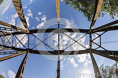 Railway viaduct in the UWA wide-angle lens on a sunny day. Summer Stock Photo