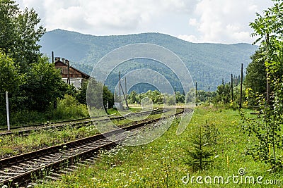 Railway village cargo station, travel and journey background Stock Photo