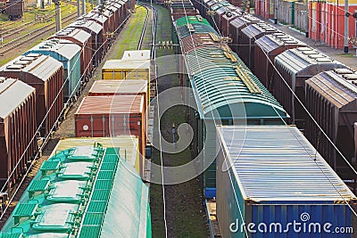 Railway wagons with cargo of metal and grain in port of Odessa. Stock Photo