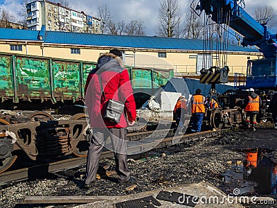 Damaged train cars. Editorial Stock Photo