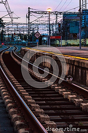 Railways, the complex wires and the glowing lampposts in the evening Stock Photo