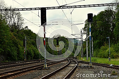 Railyard with traffic lights Stock Photo