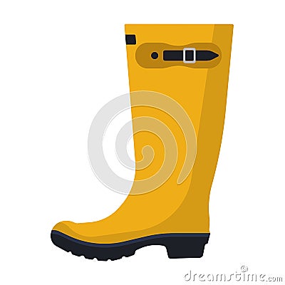 Rain boot vector flar icon side view. Autumn weather water rubber shoe protection. Waterproof gum boot outdoor yellow clothing Vector Illustration