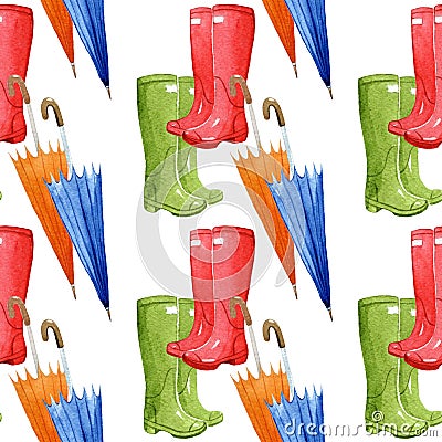 Rain boots and umbrellas on white background, seamless watercolor pattern Stock Photo