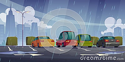 Rain on car lot and city street road illustration Vector Illustration